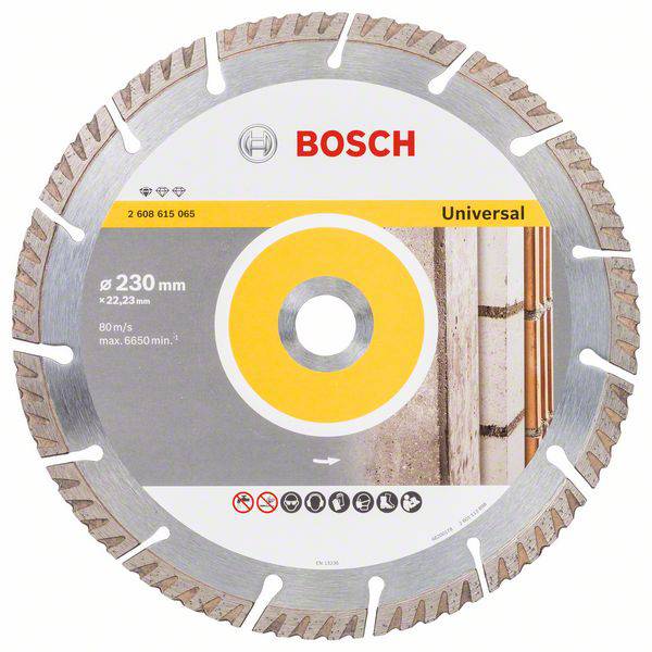 Round Bosch Sanding Disc, Diameter: 230 mm, shown with masonry. Ideal for universal cutting work on masonry.