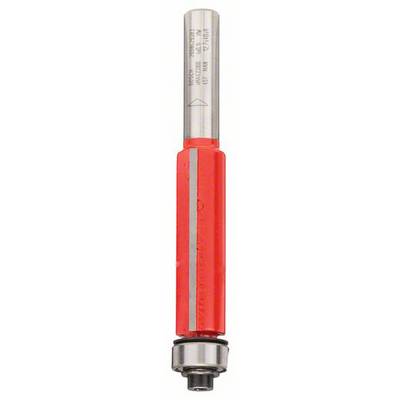 A milling cutter with a red shaft and silver cutting head, used for woodworking.