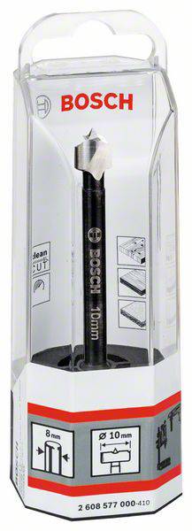 Bosch Forstner drill bit, packaged in a clear sleeve, suitable for precise drilling. Diameter: 10 mm.