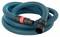 A blue corrugated hose with a black and red connector, coiled on a white background.