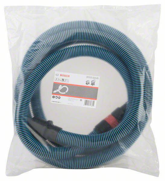 Bosch vacuum cleaner hose, packaged in a clear plastic bag. Product label displays brand logo and product information.