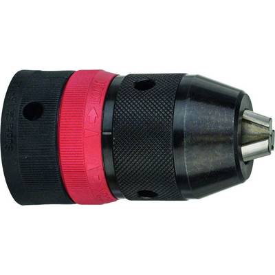 'Black drill chuck with a red ring, marked with directional indicators for tightening and loosening. It is cylindrical and textured.'