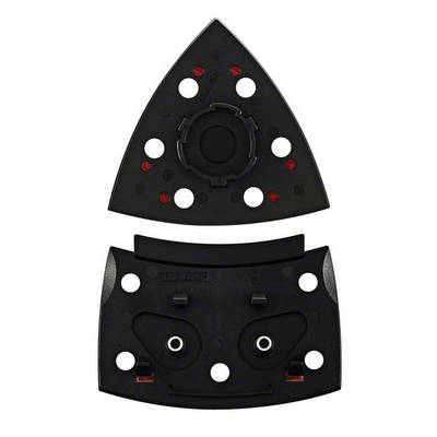 Sanding plate for a multi-tool, consisting of two black, triangular and rectangular attachments with mounting holes.