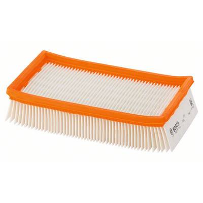 A rectangular air filter with white pleats and an orange frame. Suitable for air purification in vehicles or machinery.
