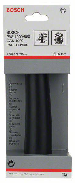 'Bosch Nozzle, PAS 1000/850, Gas 1000/900. Rubber nozzle, 35 mm diameter, manufactured in Germany.' Packaging with illustration.