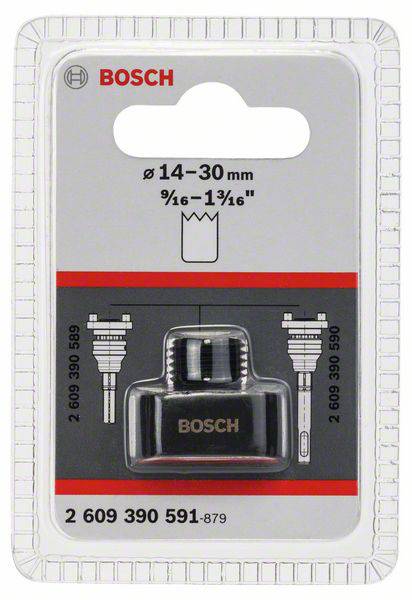 Packaging for a Bosch adapter for drill crowns ranging from 14-30 mm. Displays product image and application illustrations on the front.