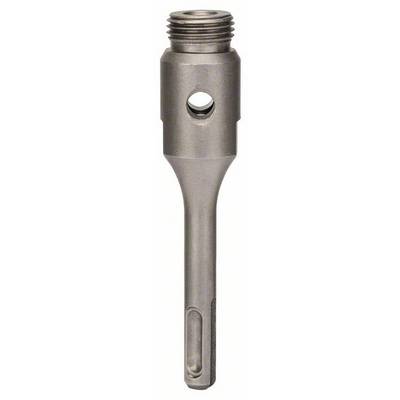 Metal adapter with a hole in the centre, threaded at the top. Used for securing devices or tools to a machine.