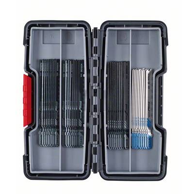 An open toolbox storing multiple rows of saw blades in various sizes and colours.