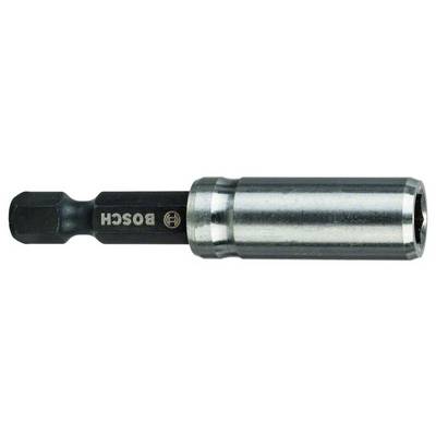 Bosch metal bit holder, cylindrical in shape, with a black and silver body, suitable for power drills.