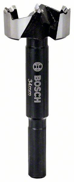 A black Bosch Forstner drill bit with a diameter of 34 mm, suitable for precise drilling in wood.