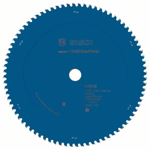 Circular saw blade made of steel with Bosch logo and technical specifications, such as tooth count and diameter, on a blue background.