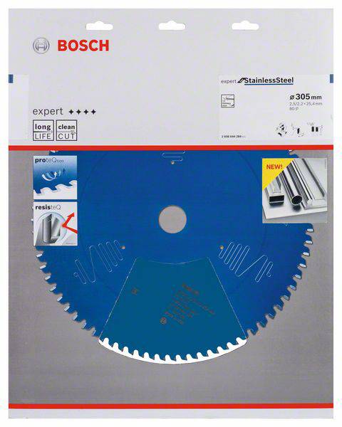 Packaging for a Bosch circular saw blade for stainless steel. Markings for durability and clean cuts. Image of metal pipes.