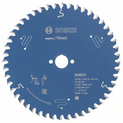 Bosch circular saw blade, 'Expert for Wood' model, 180 mm diameter, suitable for woodworking, 48 teeth, made in Italy.
