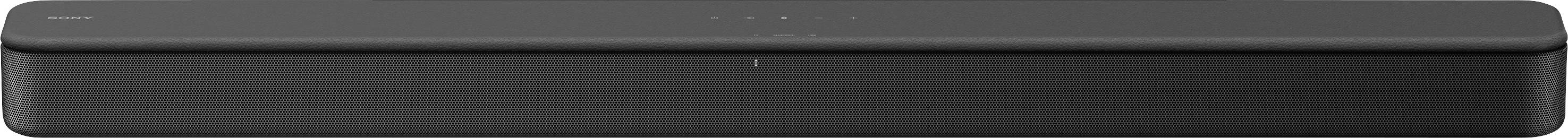 A rectangular, black soundbar with a discreet, minimalist design. It features a smooth surface with subtle brand logos.