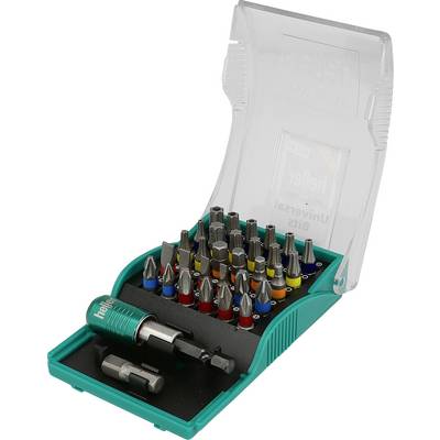 Open teal screwdriver bit set case with assorted drill and driver bits neatly organized inside and a clear lid open behind them.