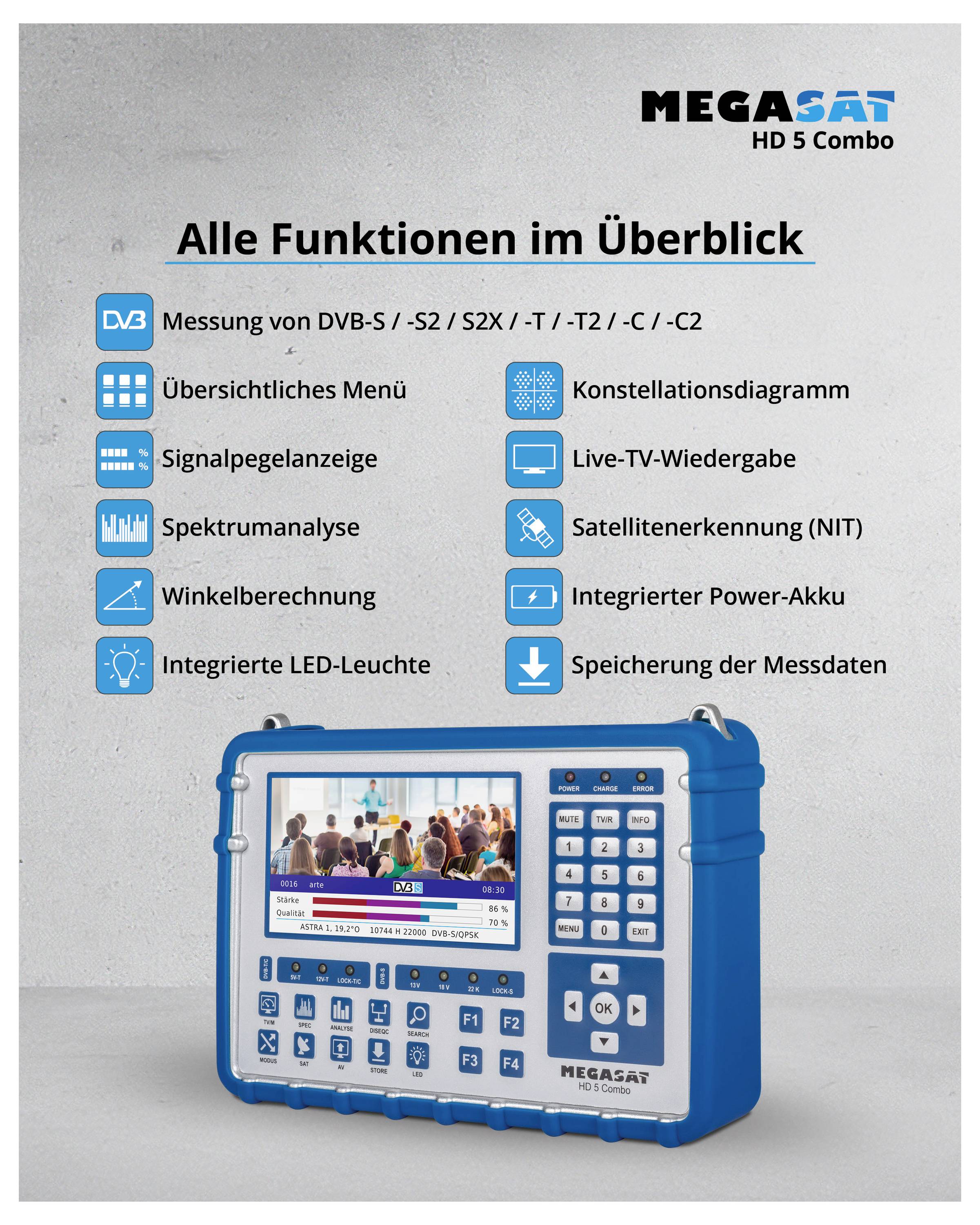 'Advertising for MEGASAT HD 5 Combo with functions such as DVB-S/T/C measurement, spectrum analysis, constellation diagram and satellite detection.'