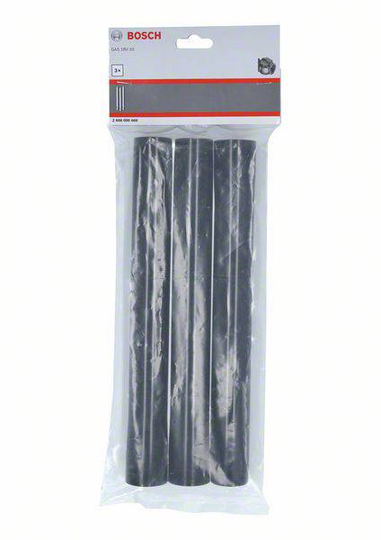 A pack of black glue sticks by Bosch, three sticks in a clear plastic packaging.