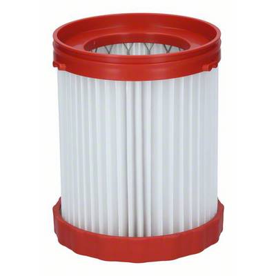 Red, cylindrical vacuum cleaner filter with white, pleated sides.