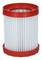Red, cylindrical vacuum cleaner filter with white, pleated sides.