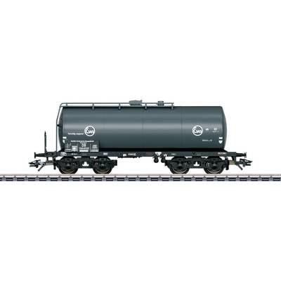 'Black tanker wagon on railway track, viewed from the side, with logos and technical labelling; used for liquid transportation.'