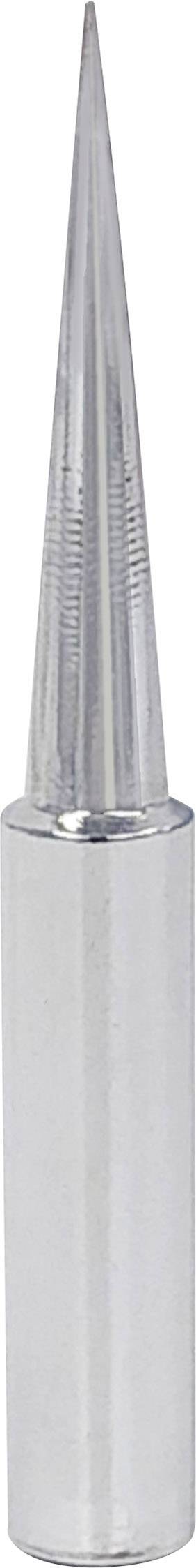 A sharp metal cone, similar to an icicle or nail, standing upright, with a smooth, gleaming surface.