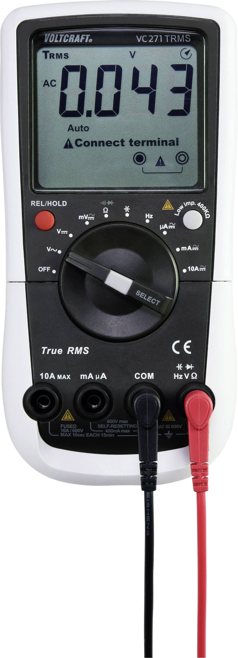 A digital multimeter shows an alternating voltage of 0.043 volts. It has a rotary selector switch and cable connections for measurement purposes.