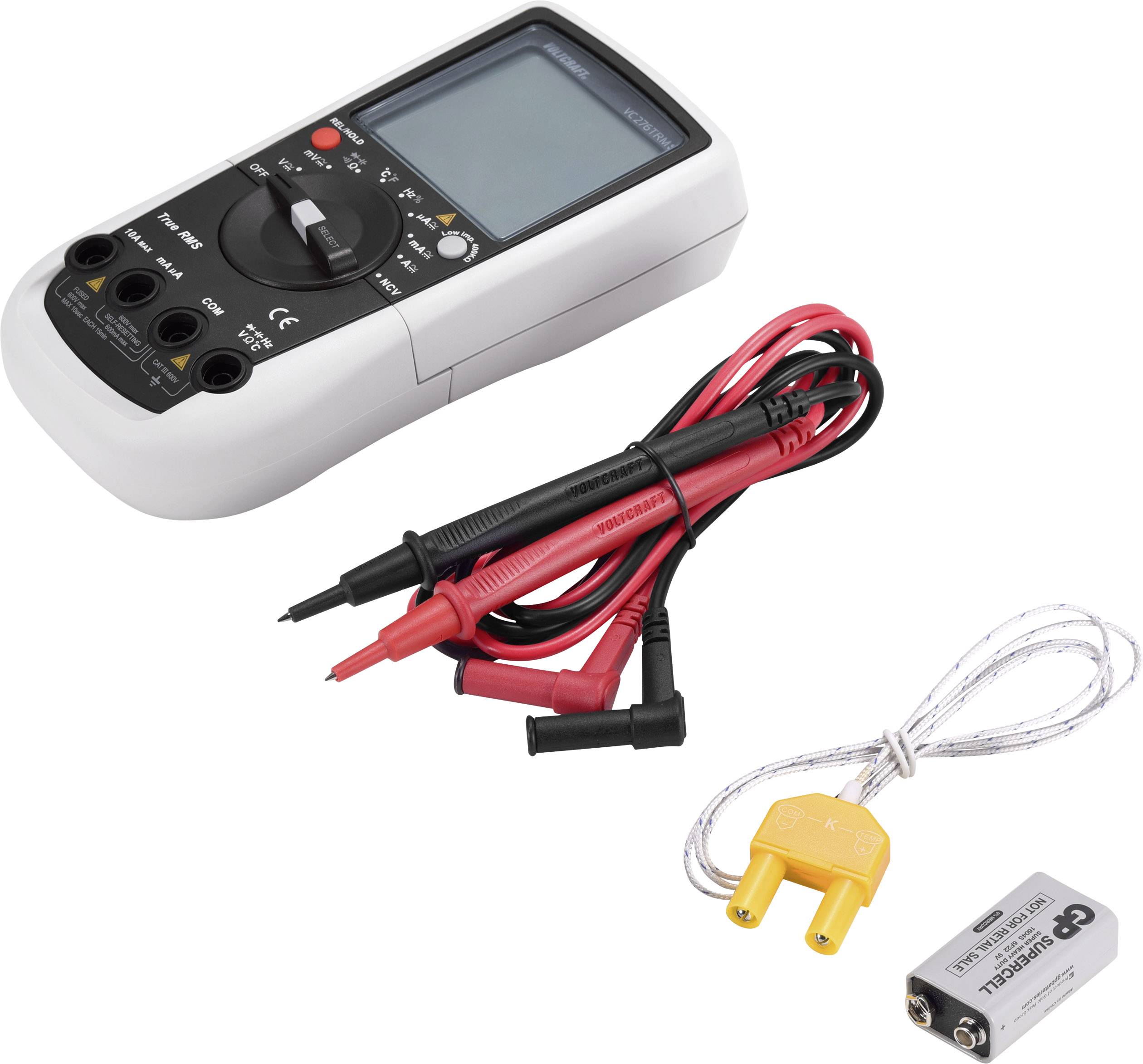 A multimeter with cables and accessories, including a yellow adapter and a 9-volt battery.