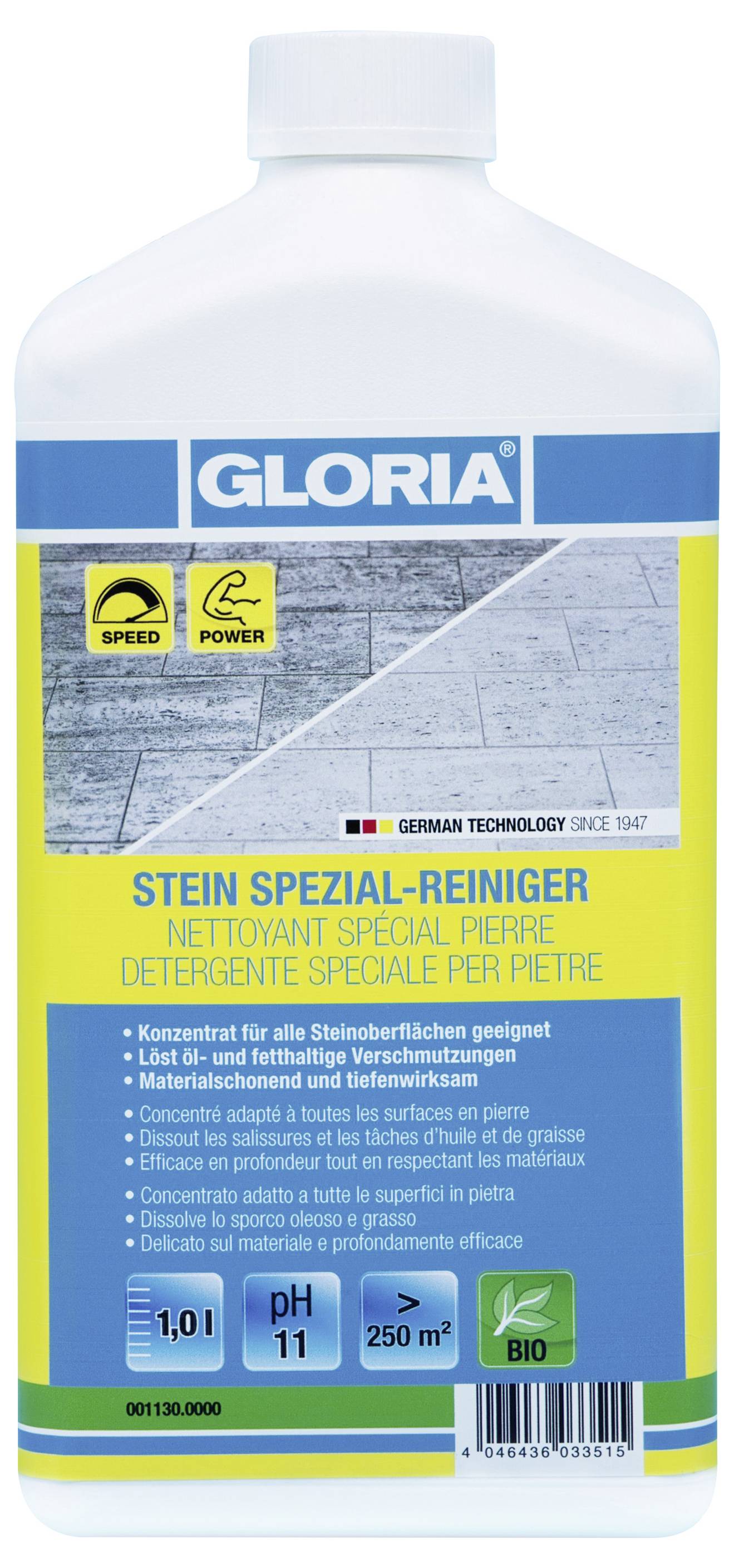 GLORIA stain and cleaner bottle with blue-and-yellow label, showing speed and power icons, 'German technology since 1947,' 1L, pH 11, for over 250 m², bio formula.