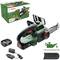Electric Bosch Chainsaw, UniversalChain 18V model. Includes battery, charger and 85 ml chain saw oil. Packaging in the background.