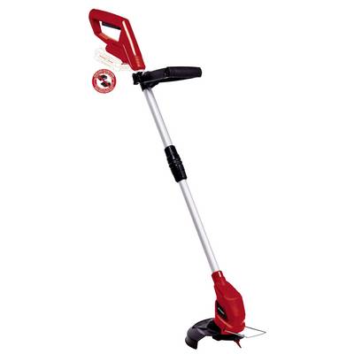 Pictured is a red electric lawn trimmer with an telescopic handle.