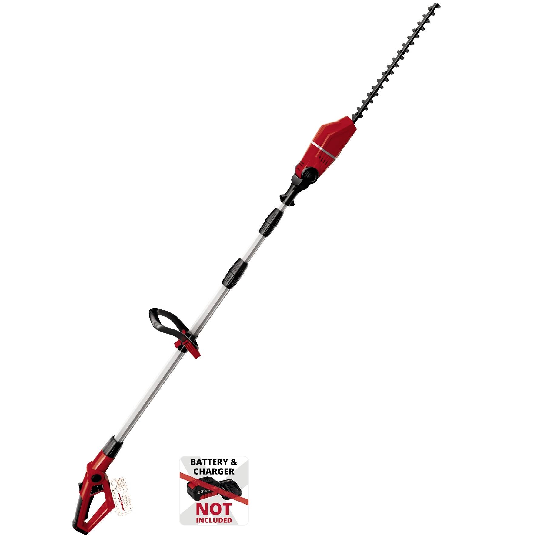 Battery-powered hedge trimmer with long handle, red colour. Text on image: 'Battery & charger not included'.