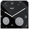 A black wall clock with white hour and minute hands, and a small thermometer and hygrometer embedded at the bottom.