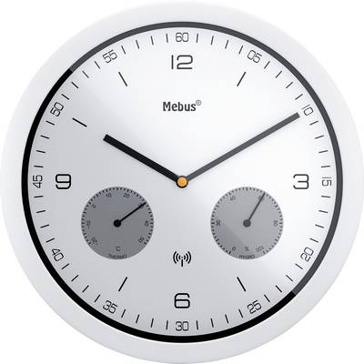 A round wall clock with black hour and minute hands and an orange-tipped second hand displays the time. Two smaller dials show temperature and humidity.