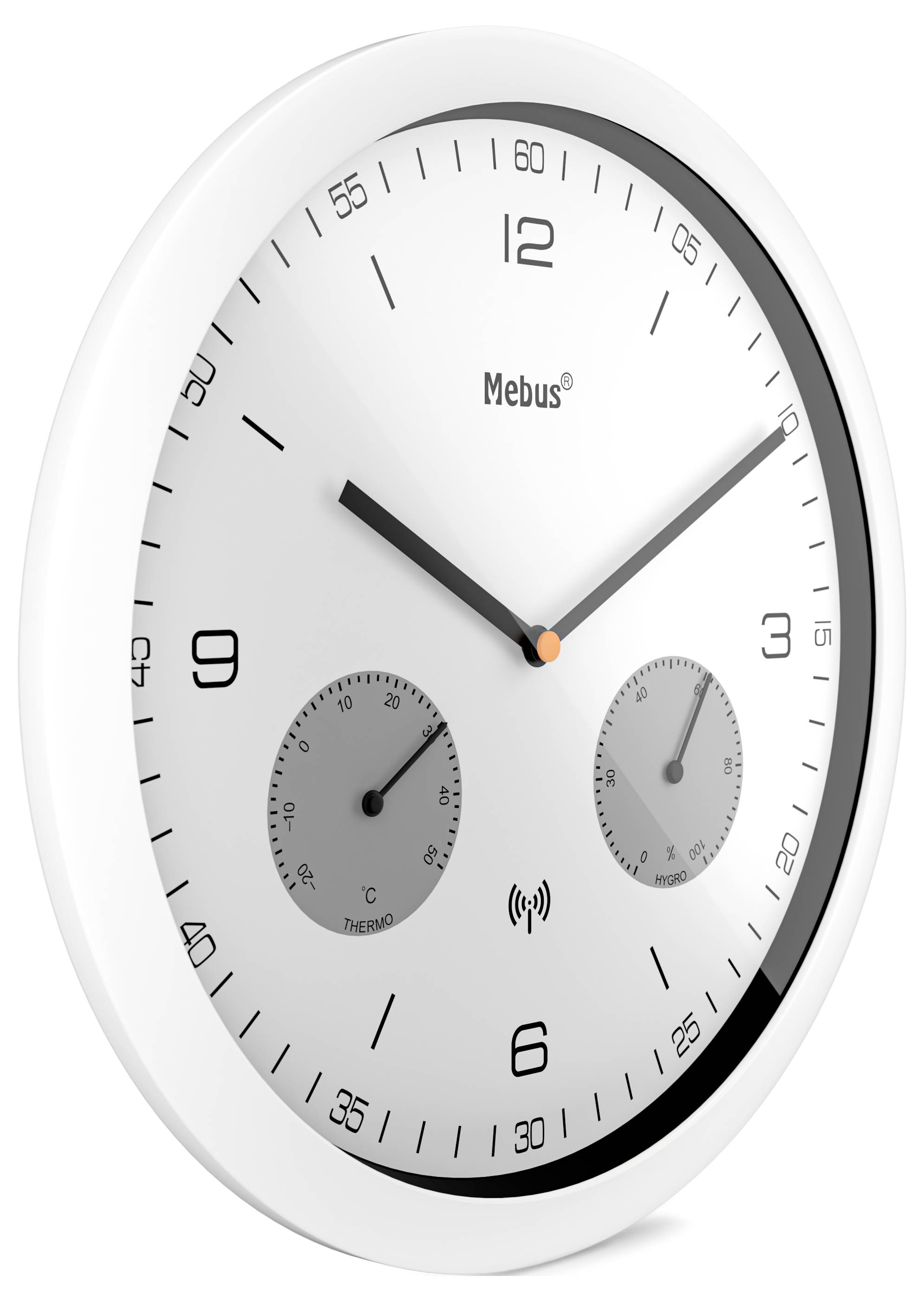 A round, white analog wall clock displaying time with black hour and minute hands. Additional dials show temperature and humidity.