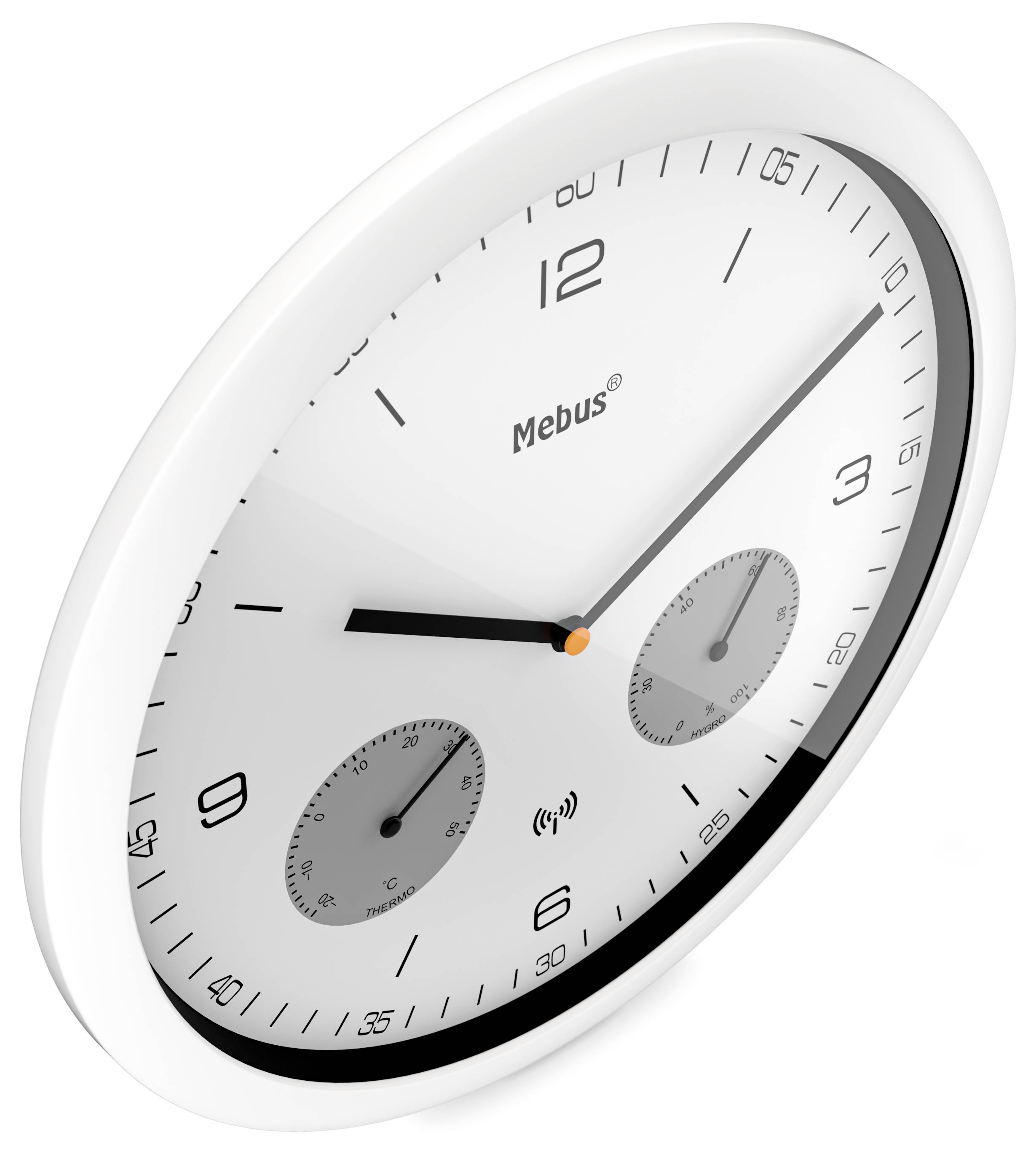 A modern, white analog wall clock displaying the time as 10:10, with additional digital displays for temperature and humidity.