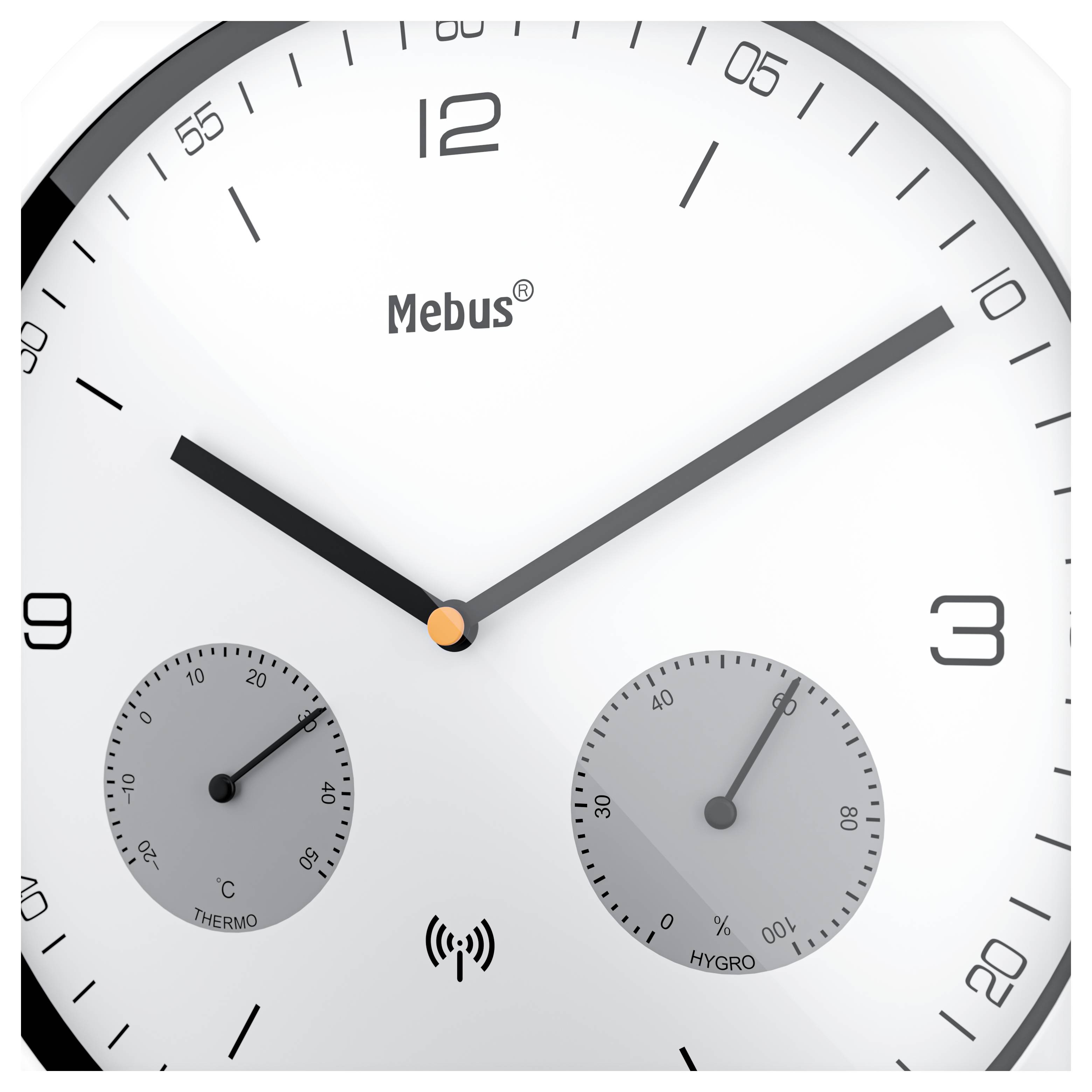 Square wall clock with a white face, black hands, and black numbers. Includes two smaller dials for temperature and humidity readings.