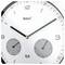 Square wall clock with a white face, black hands, and black numbers. Includes two smaller dials for temperature and humidity readings.