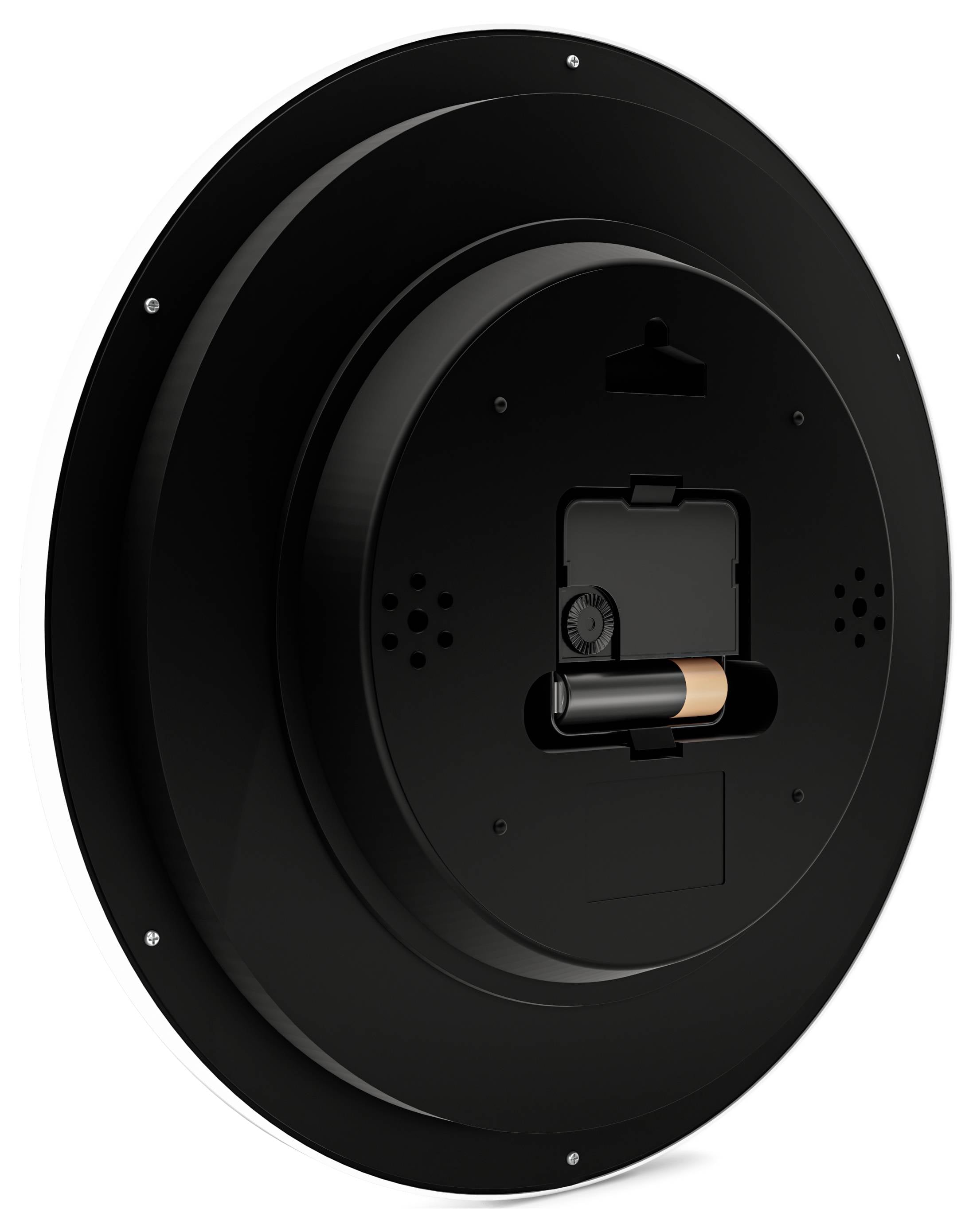 A black, round wall clock's back view showing battery compartment with a battery partially inserted; screws visible for mounting.
