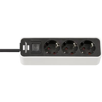 White power strip with four black sockets and a red on/off switch, labeled 'Überspannungsschutz' for surge protection.