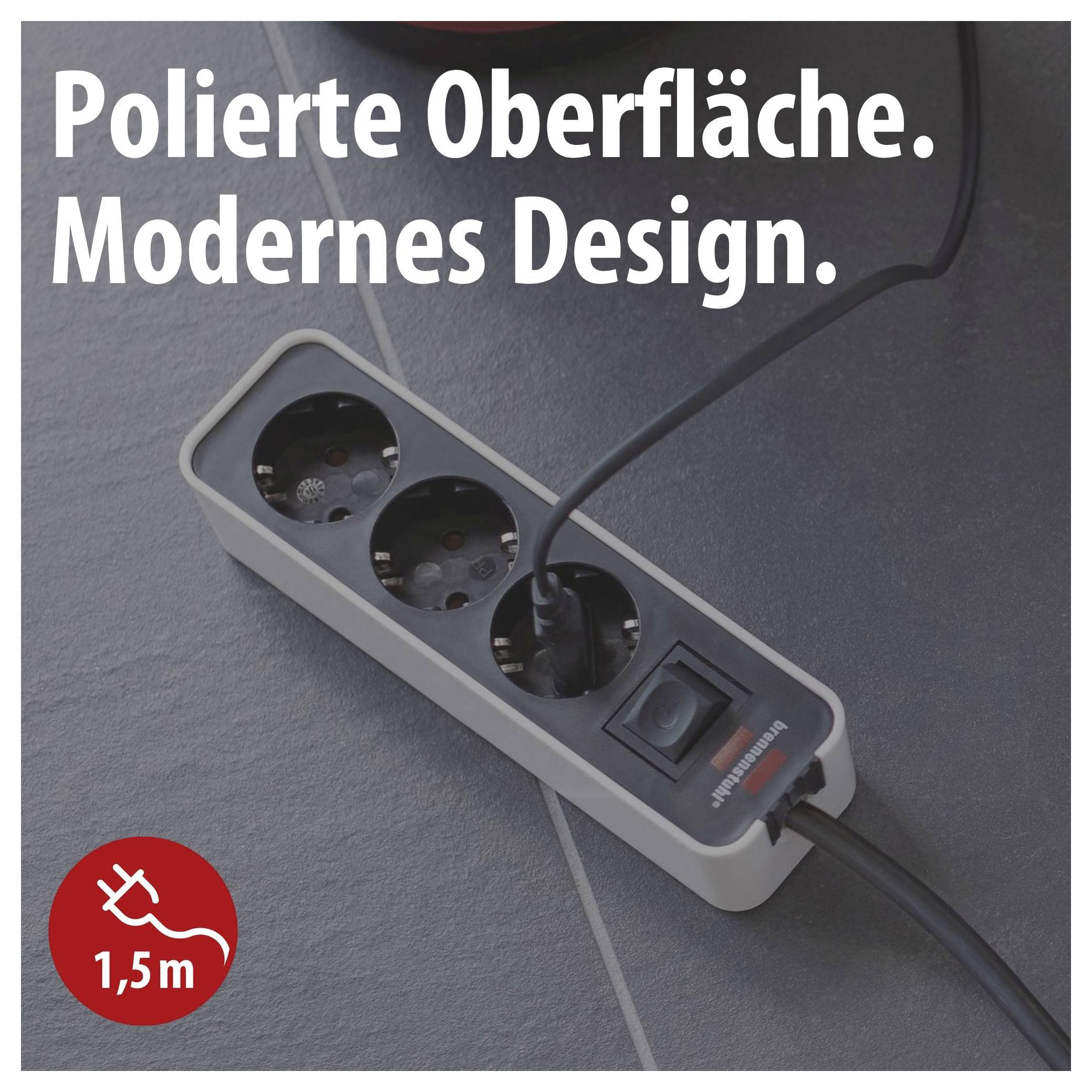 Multiple socket outlet on dark surface with inserted cable; Text: 'Polished surface. Modern design.' and note '1.5 m'.