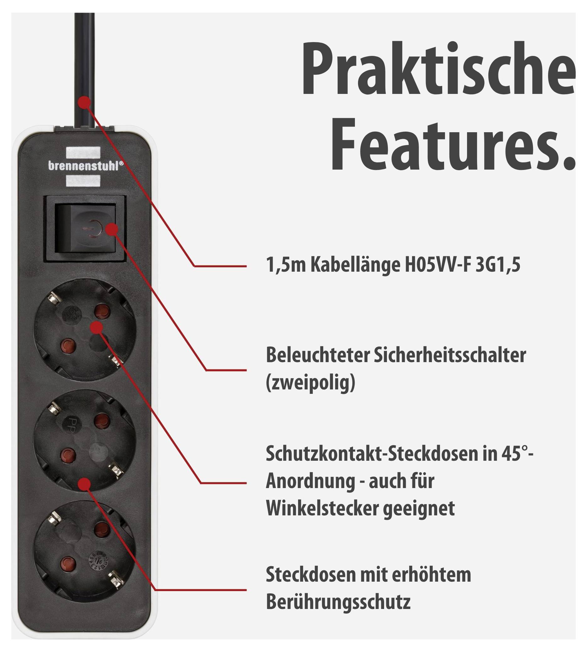 Advertising image of a multi-socket power strip featuring 'Practical Features': 1.5 m cable, illuminated safety switch, 45° sockets and enhanced contact protection.