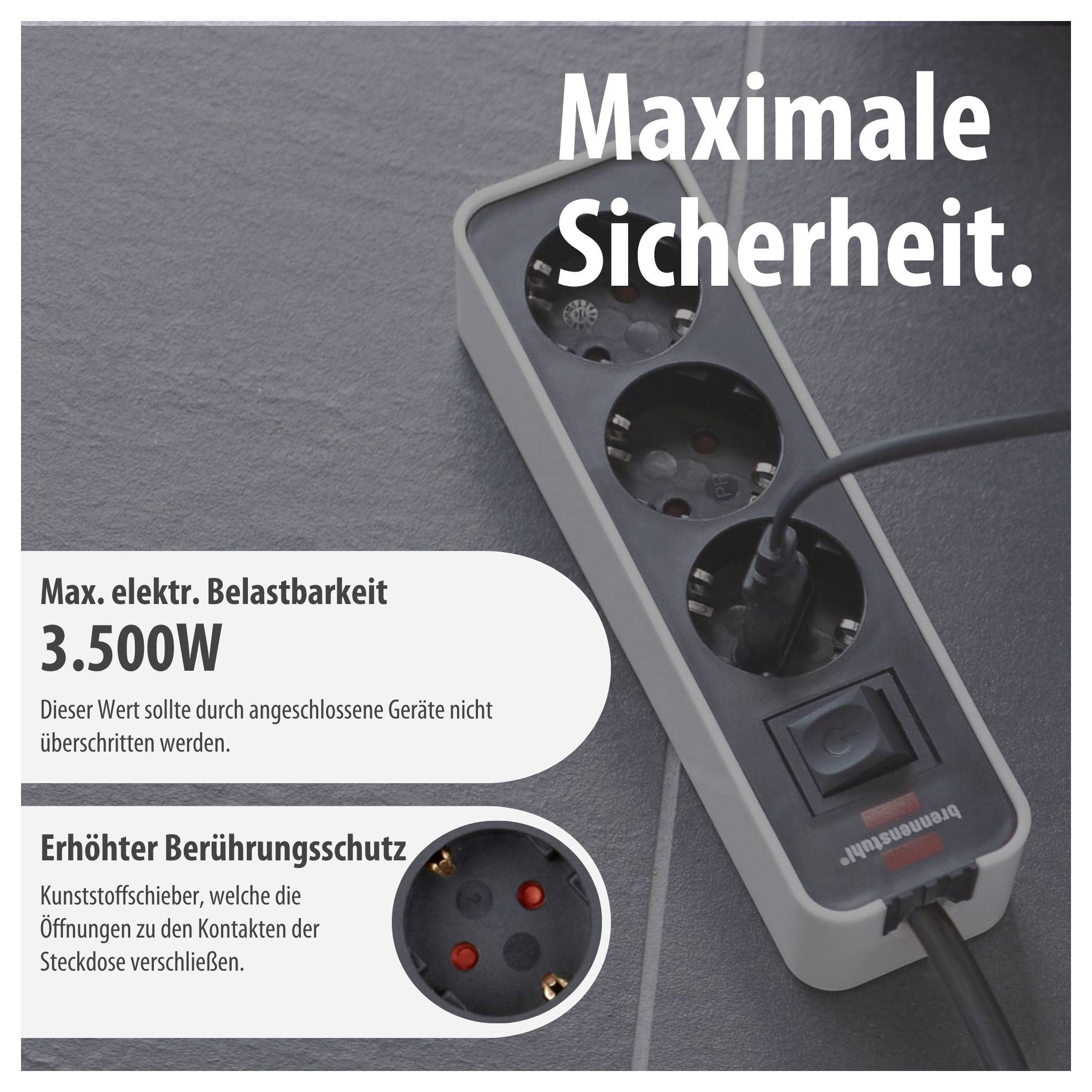 Advertising image of a power strip with an inserted cable; Text: 'Maximum safety.', maximum electrical load capacity 3,500 W, enhanced touch protection through plastic shutters.