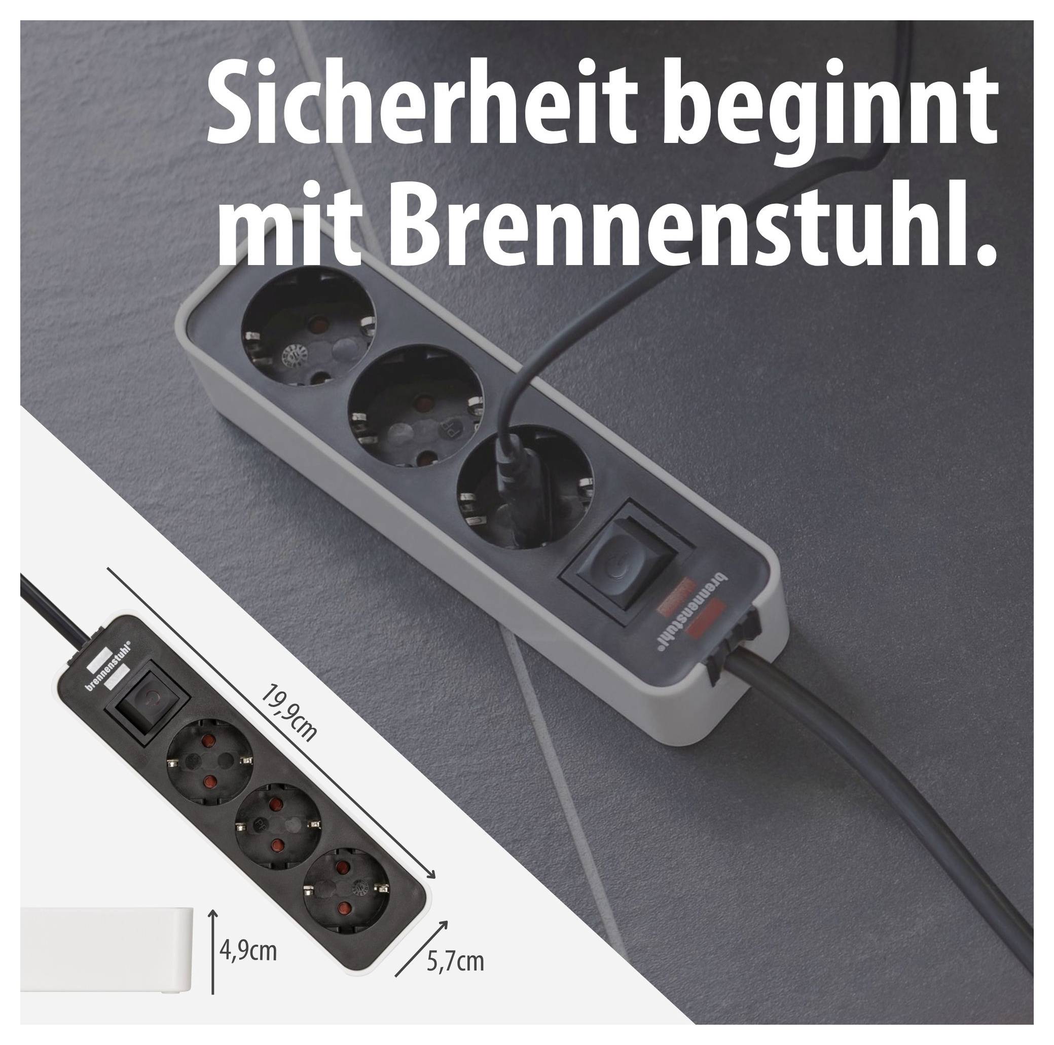 Advertisement for Brennenstuhl power strip with four sockets, on/off switch and dimensions 19.9 cm x 4.9 cm x 5.7 cm; Text: 'Safety begins with Brennenstuhl.'