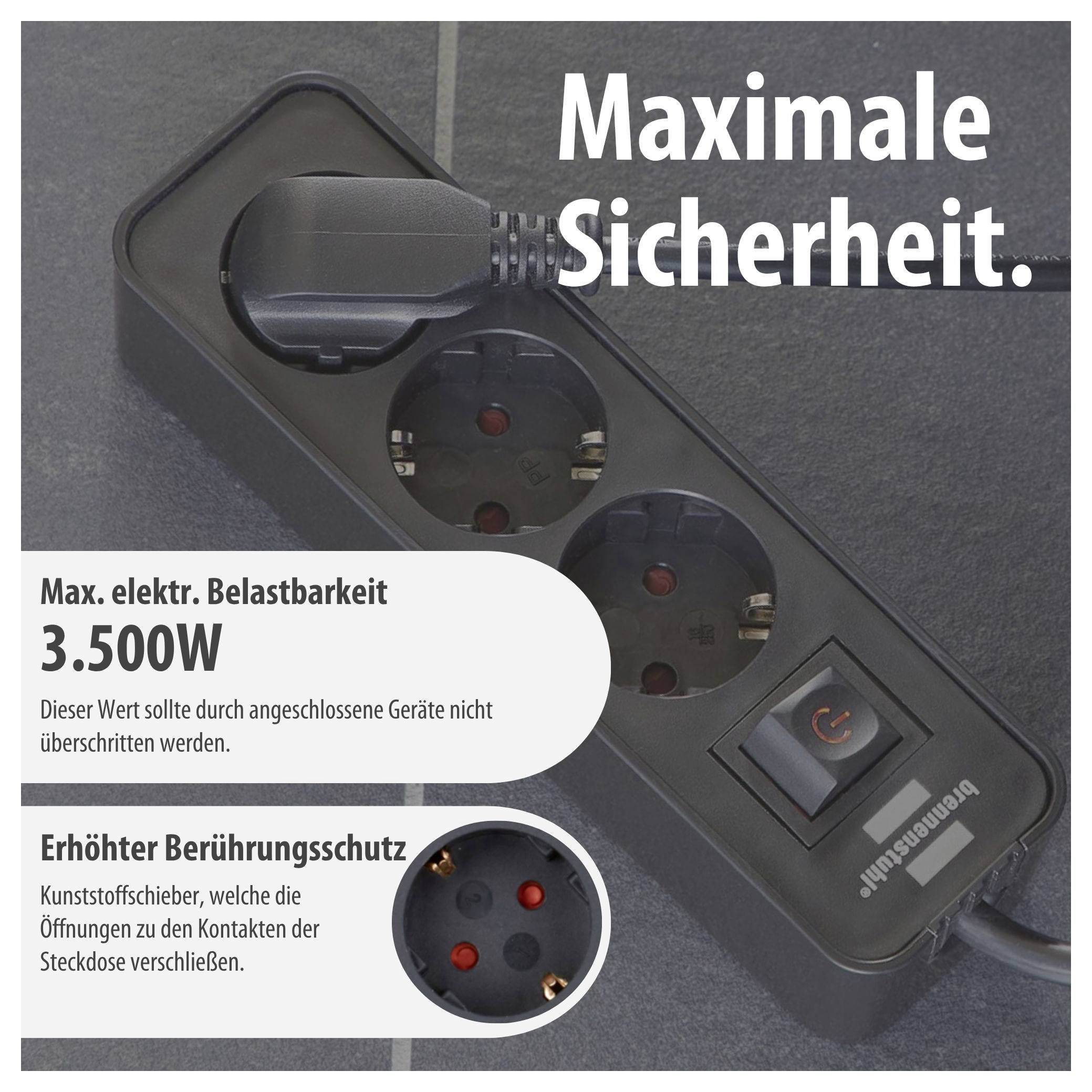Power strip with plug, switch and child safety protection; text advertises 'Maximum Security', maximum load capacity 3,500 W and enhanced touch protection.
