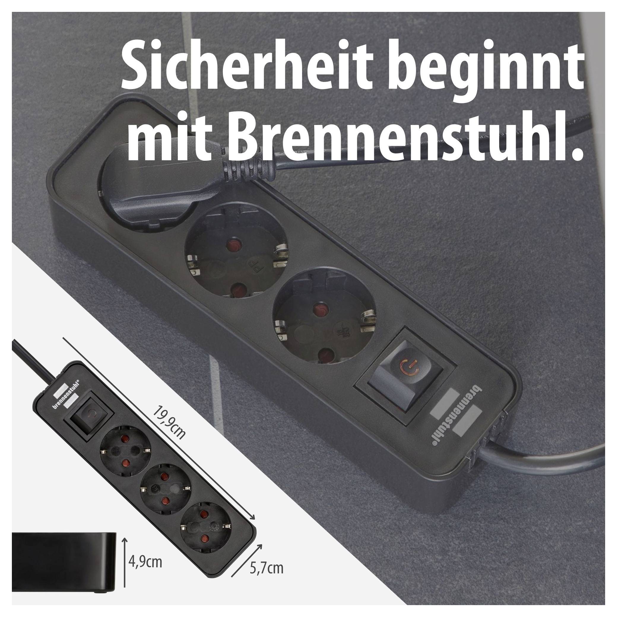 Advertising image of a black Brennenstuhl power strip with on/off switch; Text: 'Safety starts with Brennenstuhl.'; Dimensions 19 cm, 4.9 cm, 5.7 cm.
