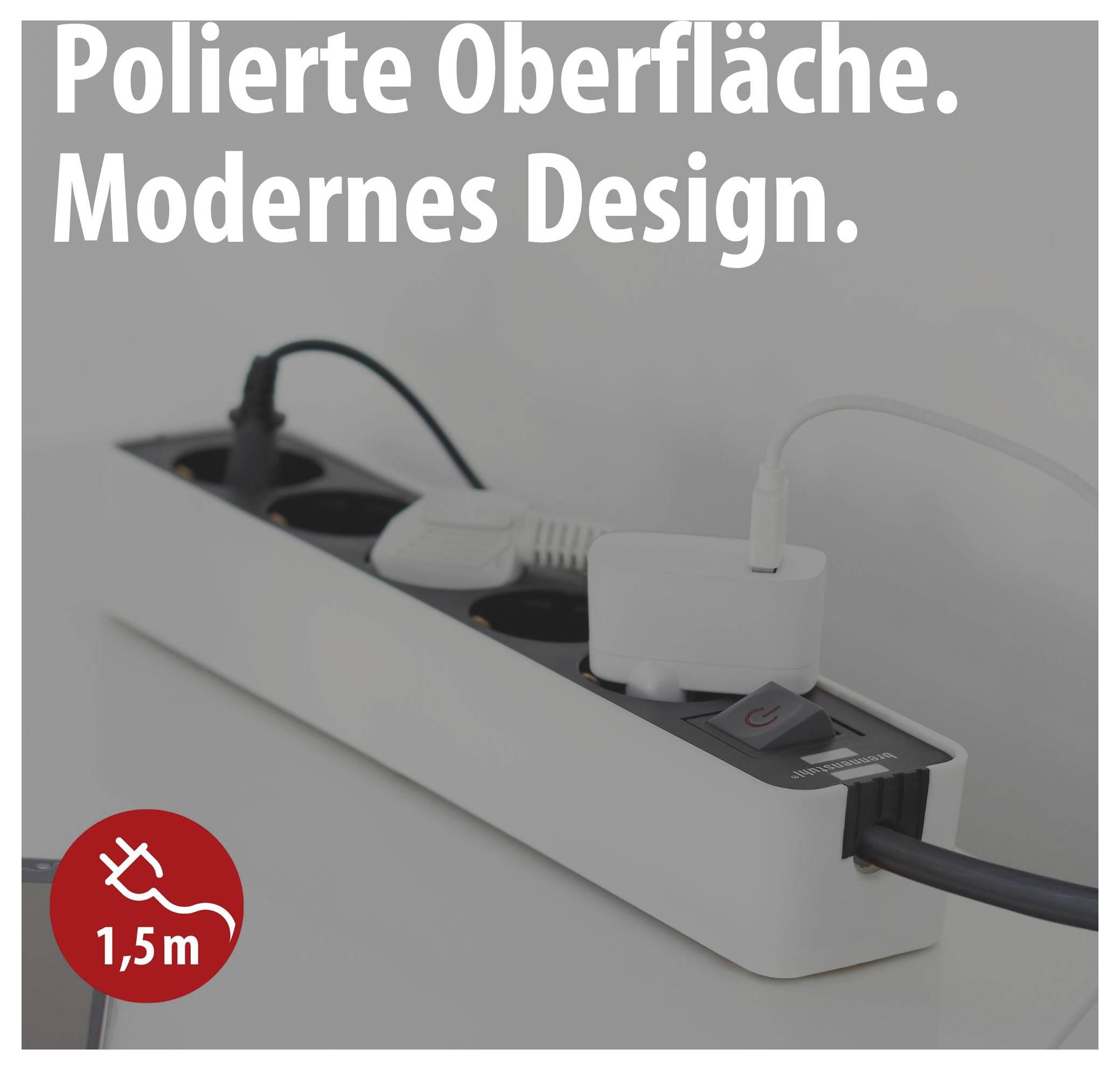 White power strip with plugged-in chargers; Text: 'Polished surface. Modern design.' and symbol '1.5 m'.