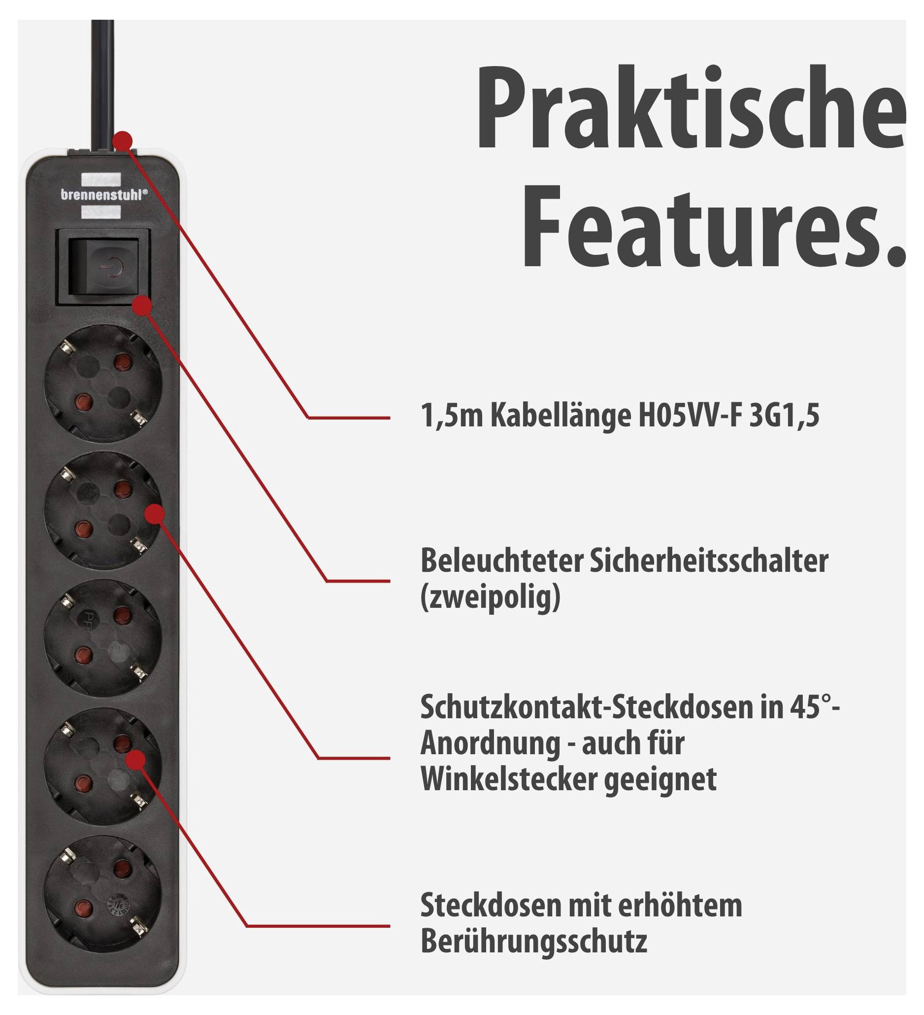 Advertising graphic of a black power strip with labelling for 1.5 m cable, illuminated safety switch, 45° sockets and enhanced touch protection.
