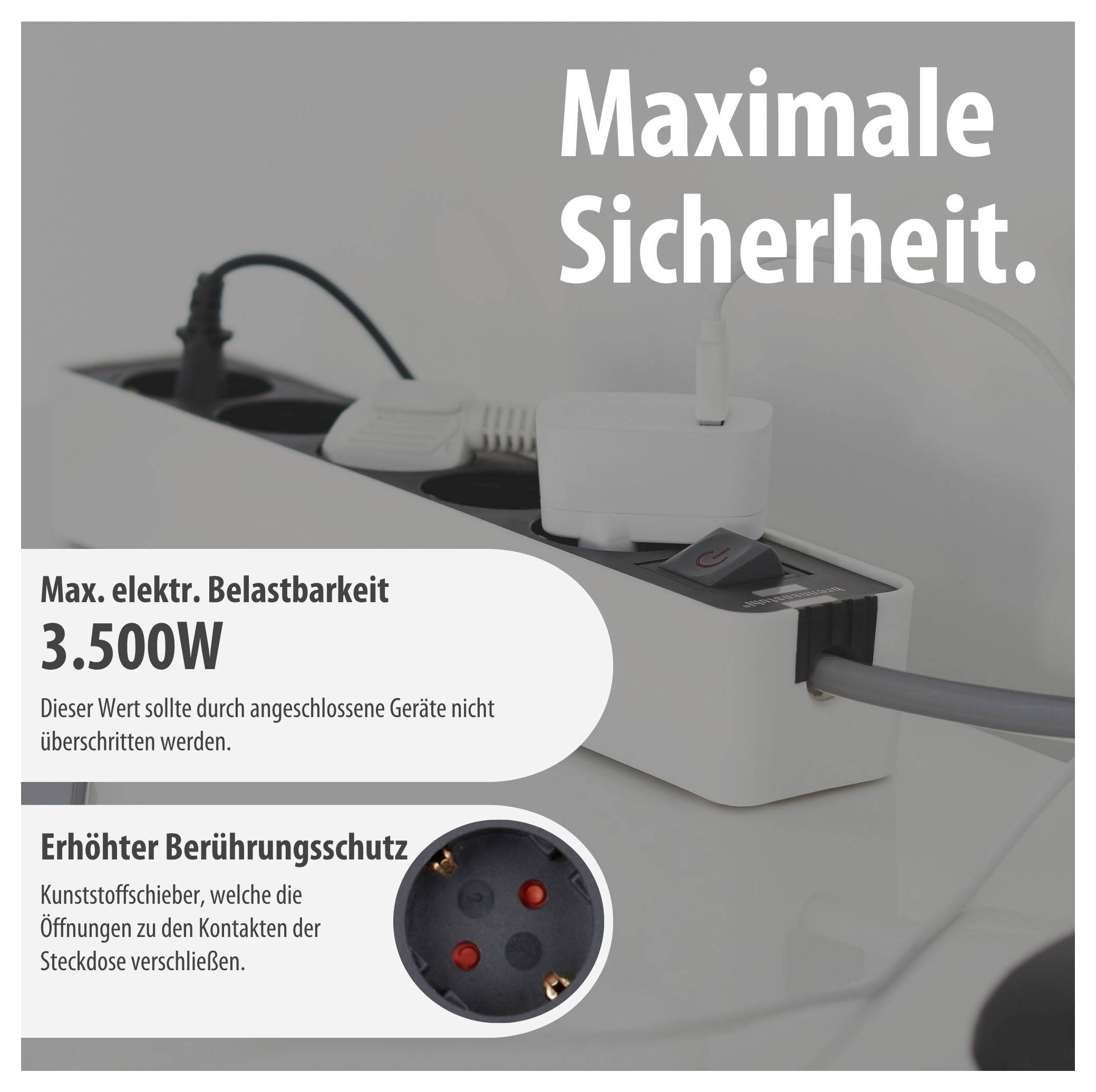 Advertising image of a power strip with 'Maximum Safety'; lists 3,500 W maximum load capacity and enhanced contact protection through plastic shutters.