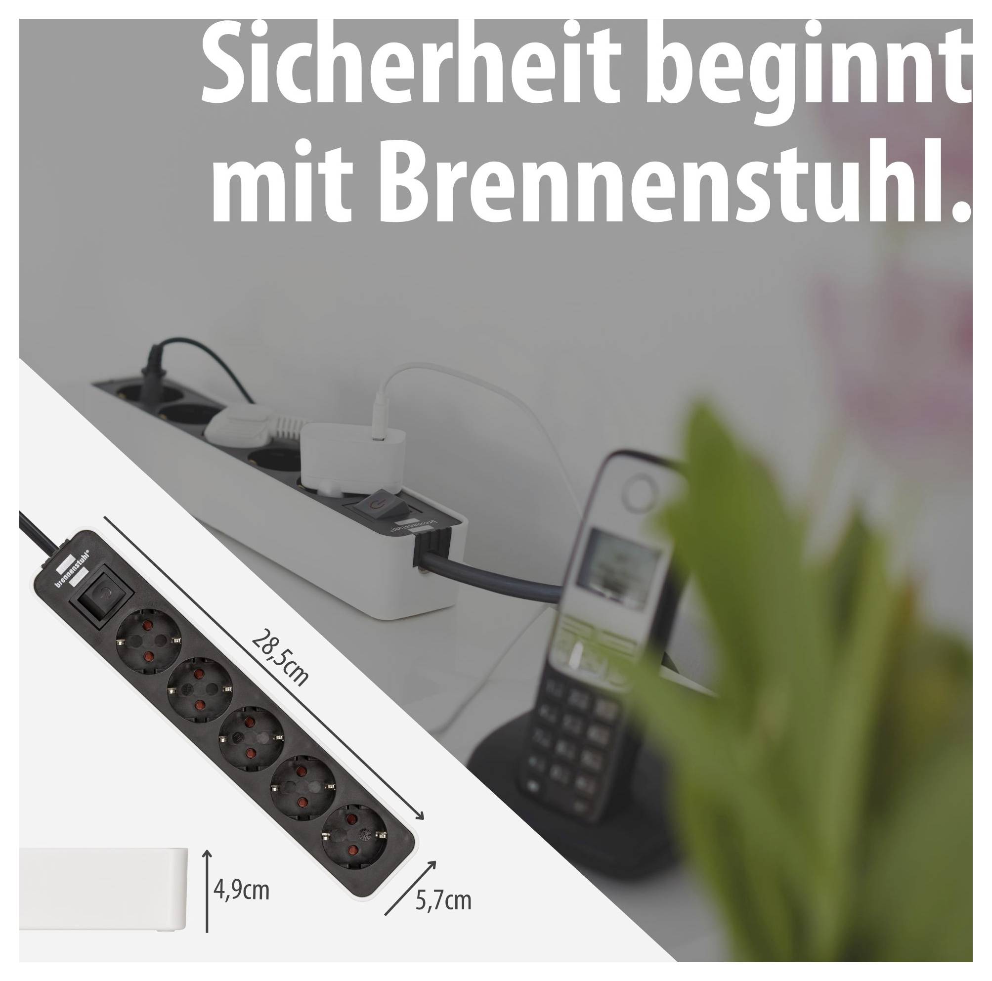 Advertising image for a power strip with surge protection; Text: 'Safety begins with Brennenstuhl.'; Dimensions 28.5 cm, 4.9 cm, 5.7 cm.