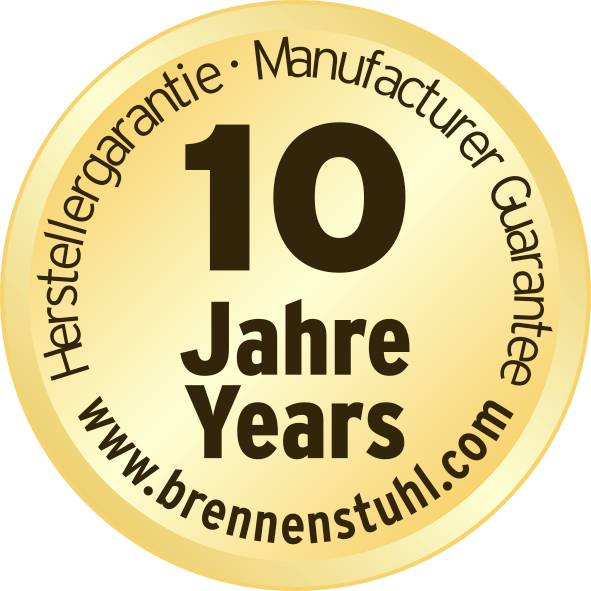 Golden round seal with the inscription '10 Jahre Hersteller-Garantie www.brennenstuhl.com'<br><br>Translation to British English:<br>'10 Year Manufacturer's Warranty www.brennenstuhl.com'